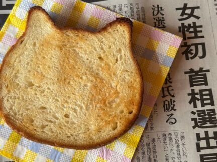 cat shaped toast and newspaper